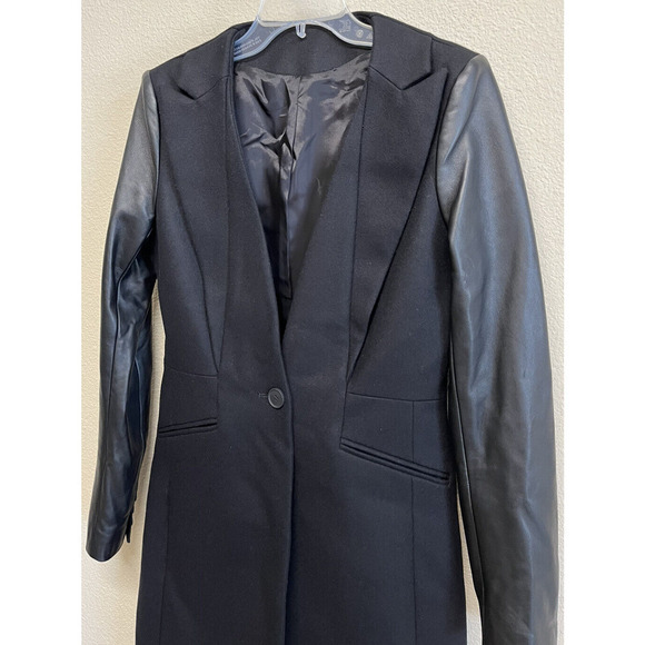 All Saints Black Wool Lambs Leather Long Coat Size 6 US Collarless Portex NEW - Picture 8 of 12